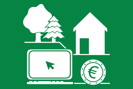 Grafik mit Wald und einem Haus im Hintergrund, im Vordergrund ein Laptop und eine Geldmünze.